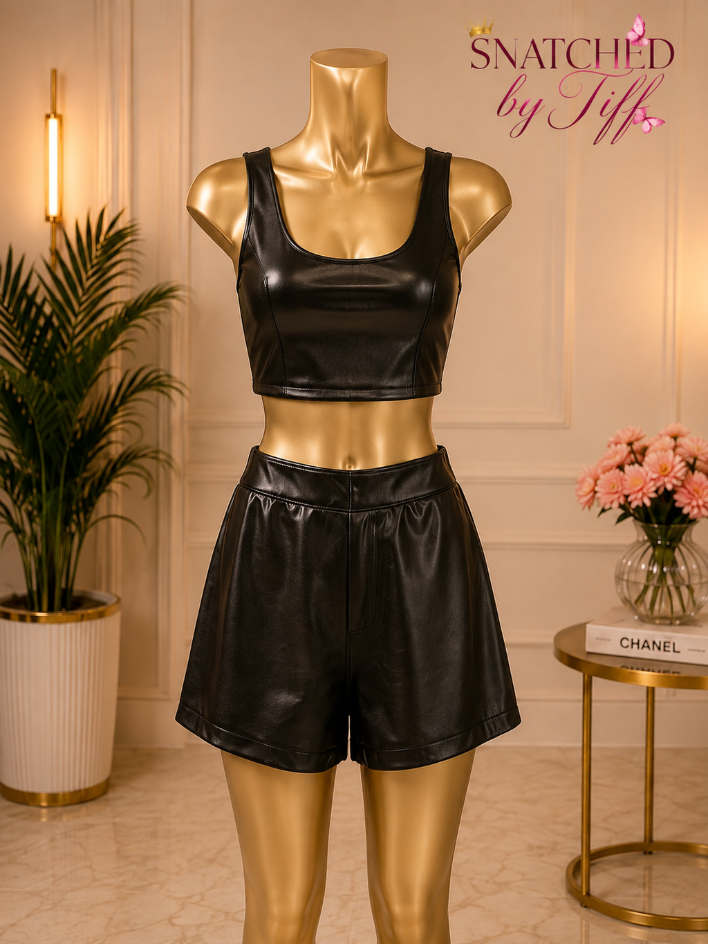 Black Leather Two-Piece Short Set - Black