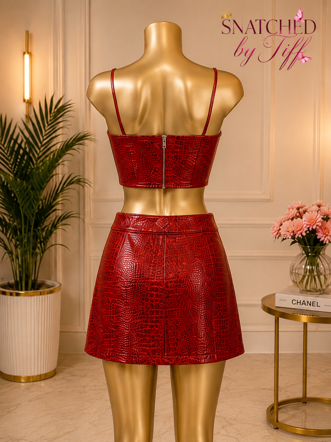 Red Snakeskin Two-Piece Leather Skirt Set - Red