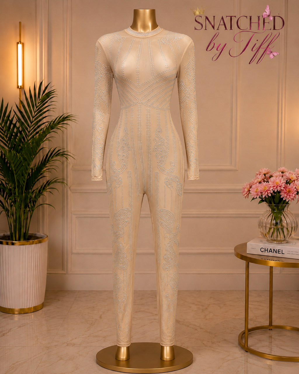Nude Rhinestone Body Jumper