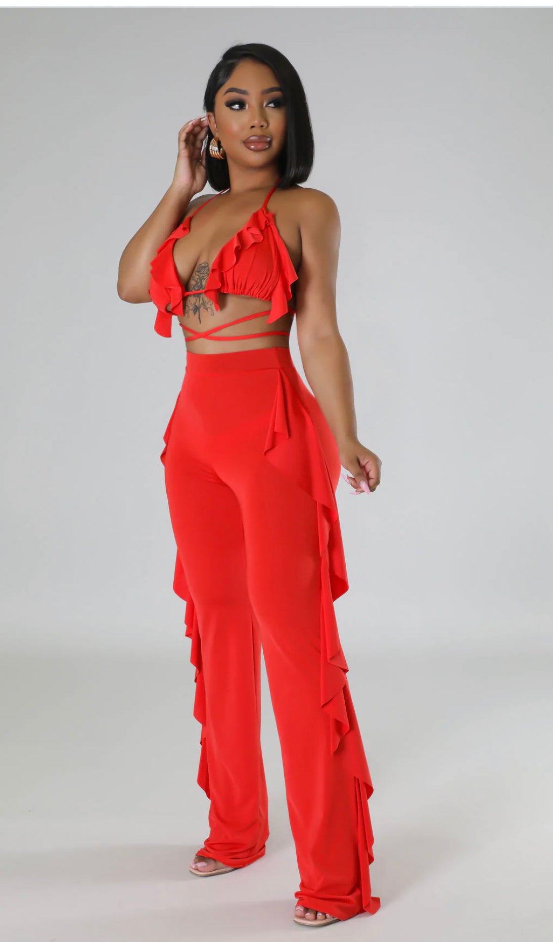 Coral Three-Piece Bikini Set with Pants - Coral