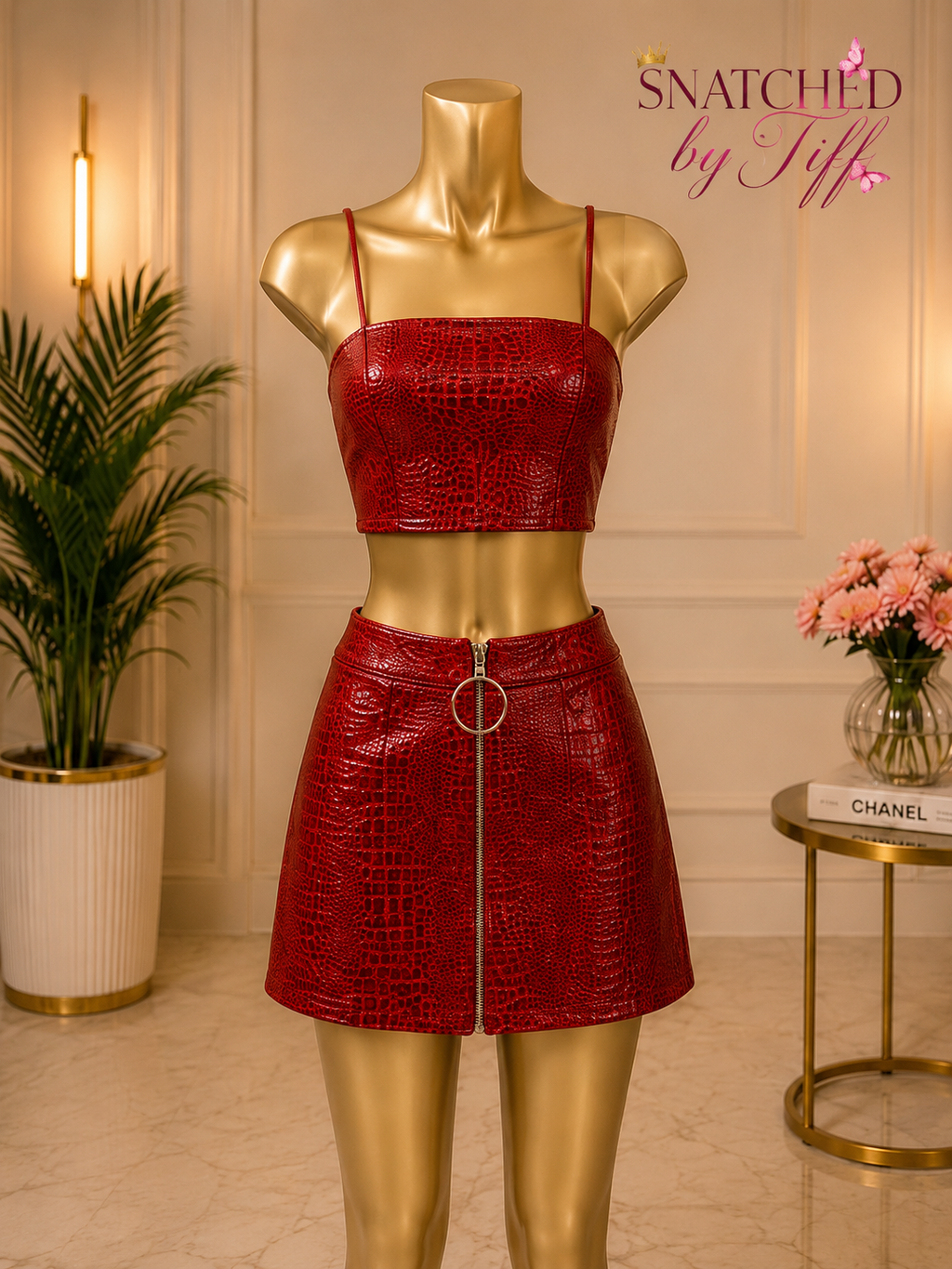 Red Snakeskin Two-Piece Leather Skirt Set - Red