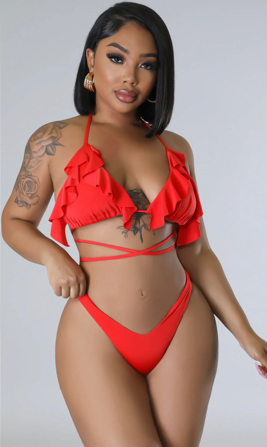 Coral Three-Piece Bikini Set with Pants - Coral