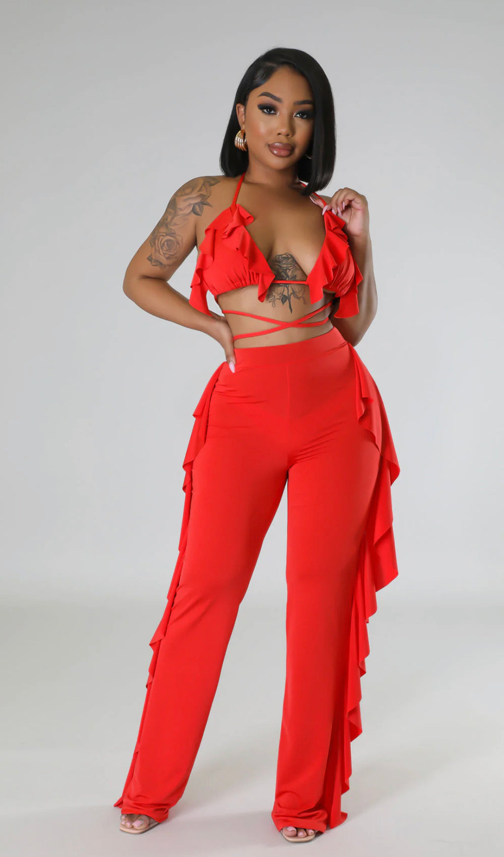 Coral Three-Piece Bikini Set with Pants - Coral